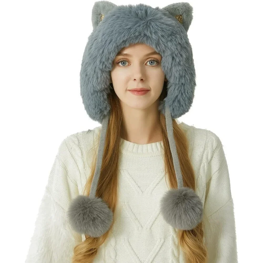 Women Grey Solid Winter Peruvian Cover Ears Beanie Hat Ear Flaps Sherpa Snow